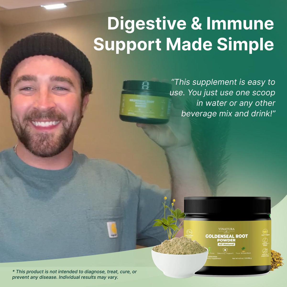 Vinatura goldenseal root powder four ounces package showing clear ingredient purity labels