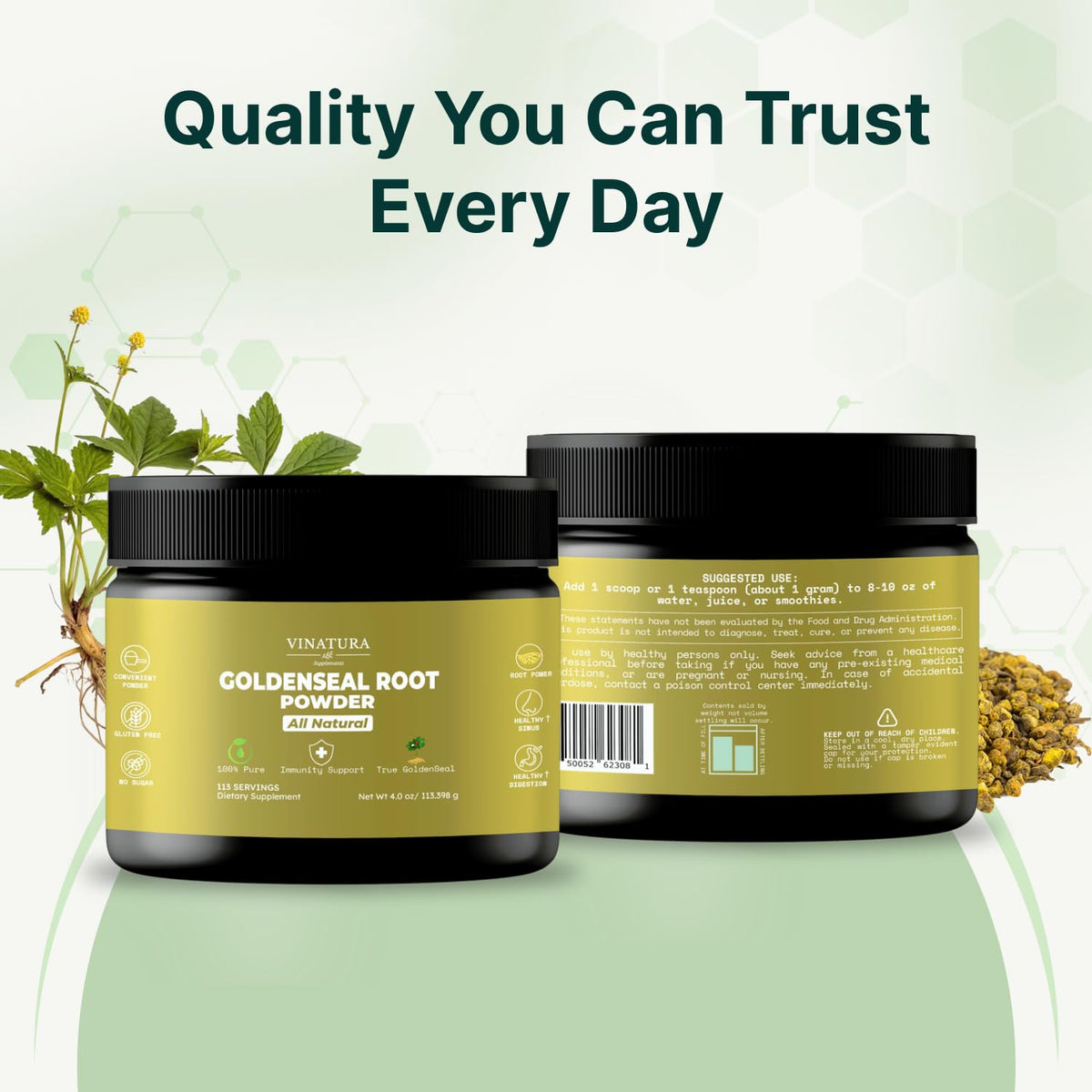 Top down perspective of Vinatura goldenseal root powder container with secure lid closure
