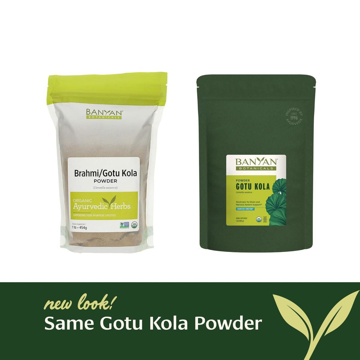 Banyan Botanicals Gotu Kola Powder back label showing nutritional facts and usage instructions