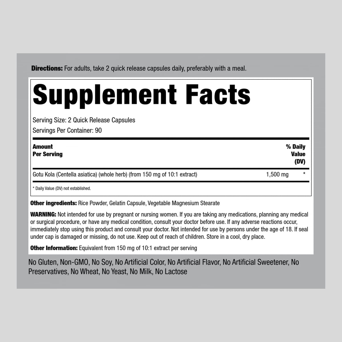 Piping Rock Centella asiatica herbal supplement packaging displaying non-GMO and gluten free labels