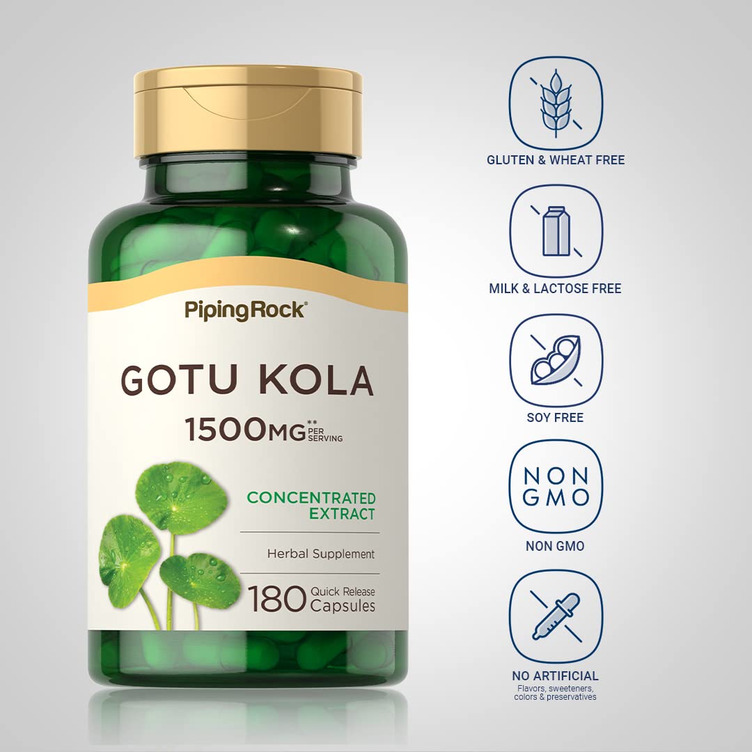 Side profile of authentic imported Piping Rock Gotu Kola wellness capsules container