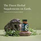 Gaia Herbs plant based beauty supplement bottle featuring ingredient highlights
