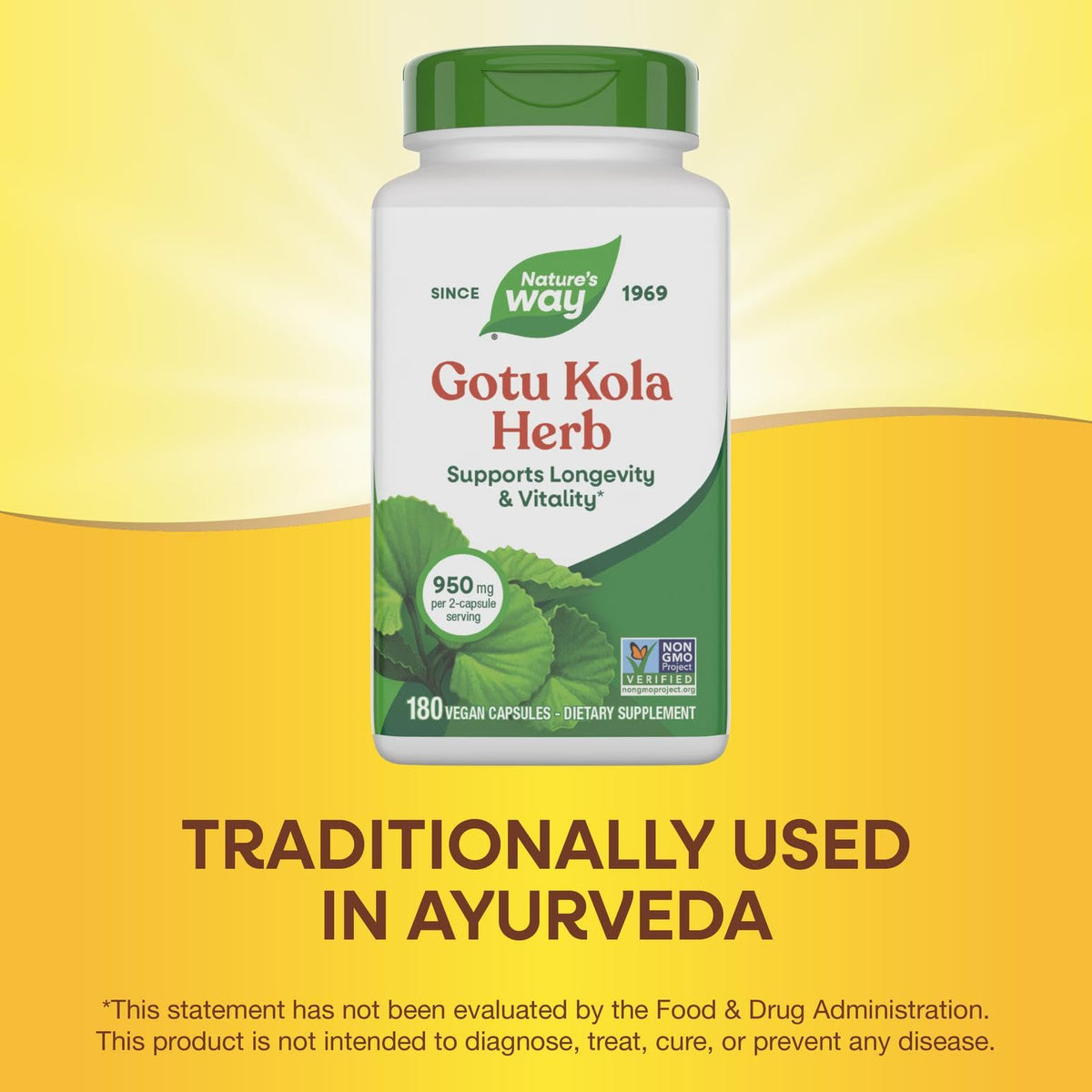 Authentic imported Nature's Way Gotu Kola bottle side view showing directions for use