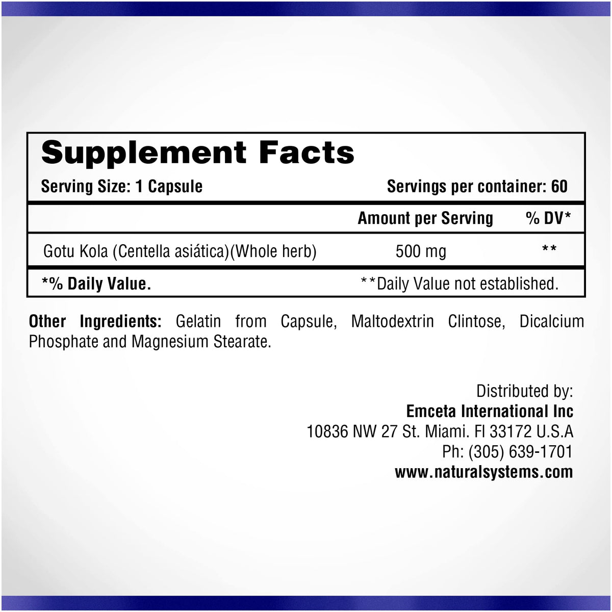 Natarasys Gotu Kola Herb 500mg dietary supplement bottle showing clean formula label