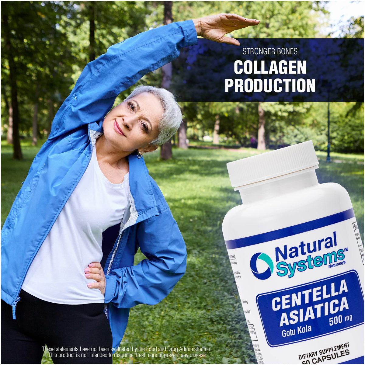 Natural Systems Centella Asiatica capsules packaging detailing collagen and tissue support benefits