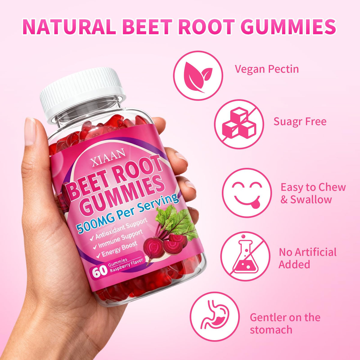 Vegan and organic beetroot supplement bottle for energy