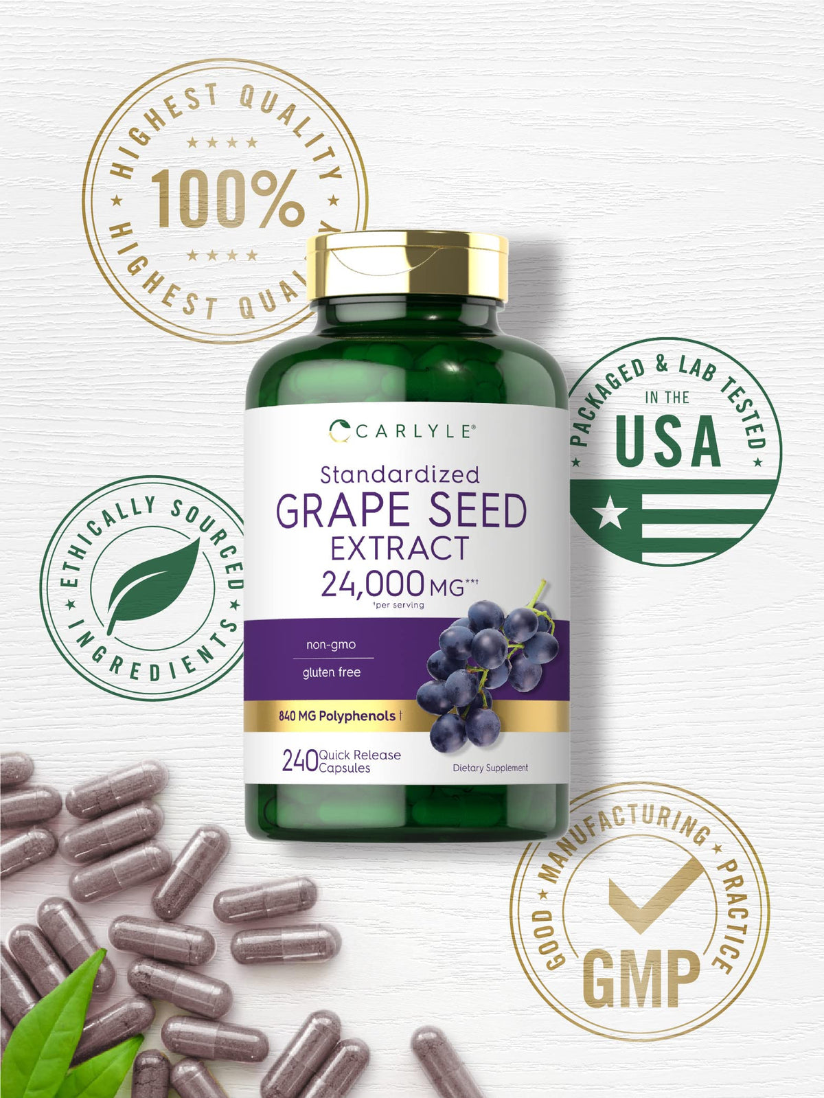 Close up of Carlyle Grape Seed Extract bottle label