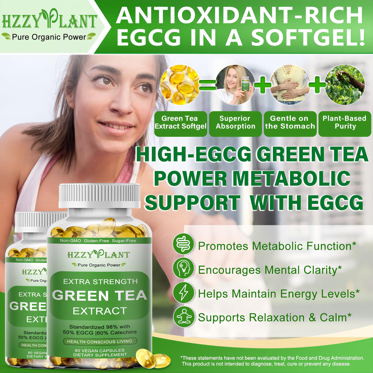 Side view of Hzzyplant green tea softgel capsules