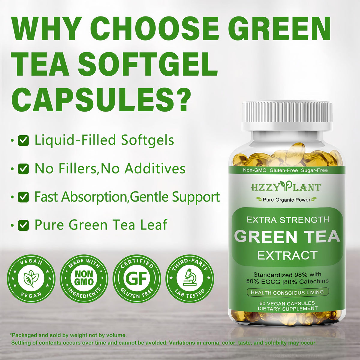 Hzzyplant green tea extract packaging showing 50% EGCG potency