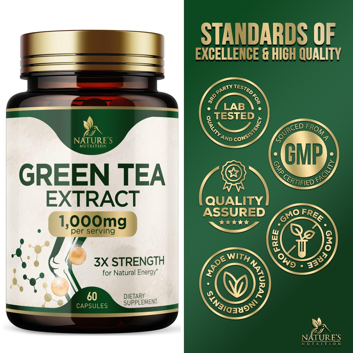 Natures Nutrition green tea extract vegan and non-GMO label