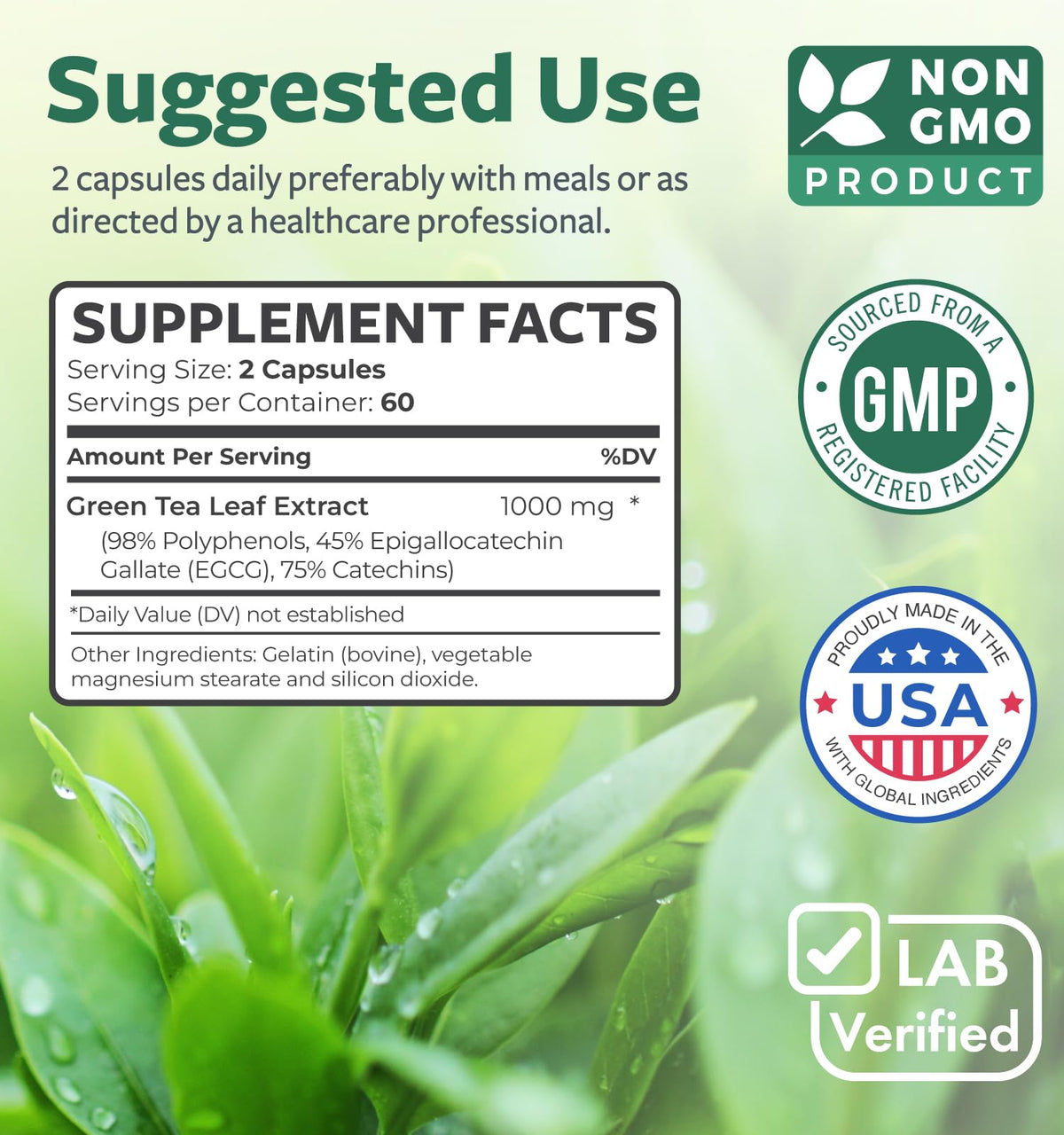 Standardized EGCG green tea extract capsules close up