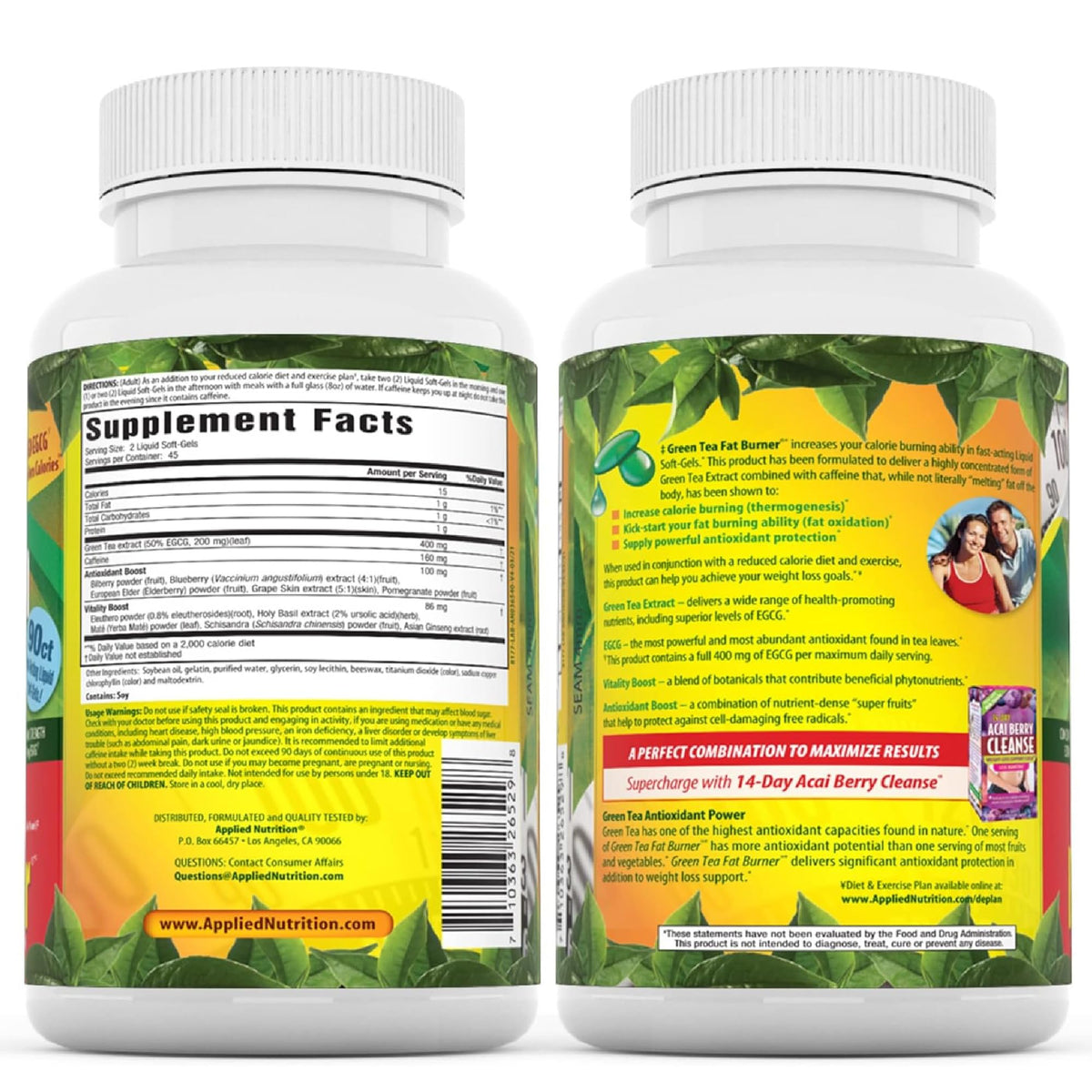 Applied Nutrition Green Tea Fat Burner side view displaying supplement ingredients