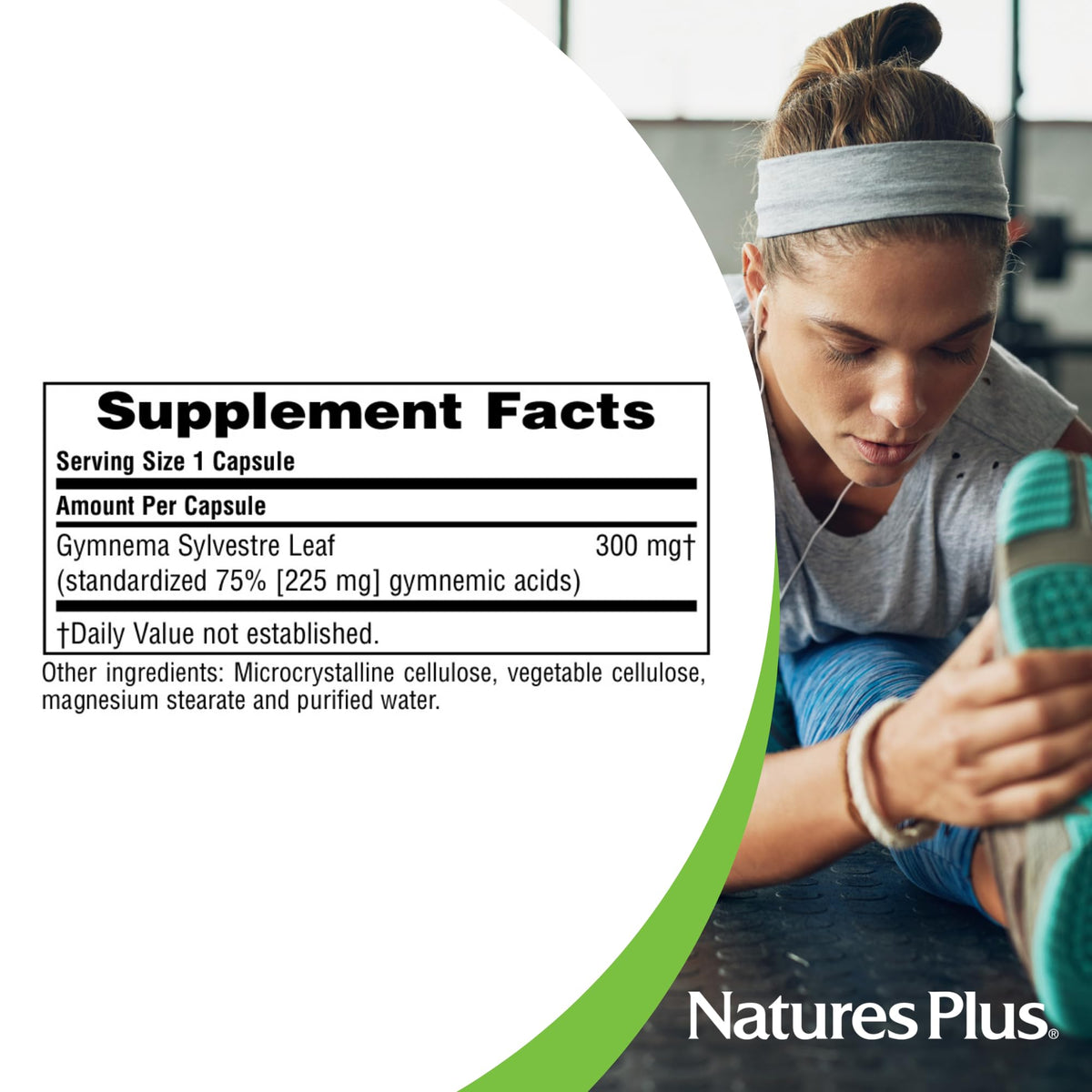 Close up of NaturesPlus Gurmar sugar destroyer capsules with clear dosage instructions