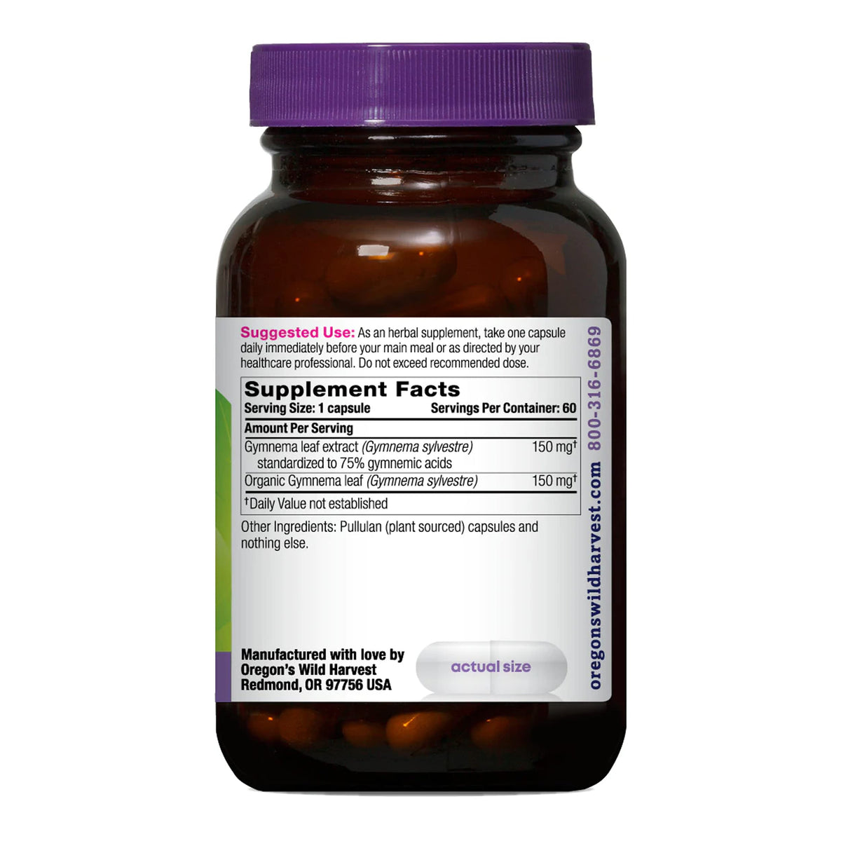 Oregon's Wild Harvest Gymnema sixty vegan capsules supplement facts label information.