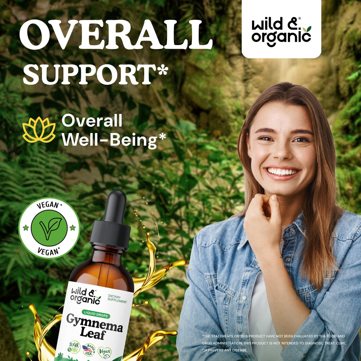Wild And Organic Gurmar leaf liquid supplement dropper bottle showing premium vegan ingredients