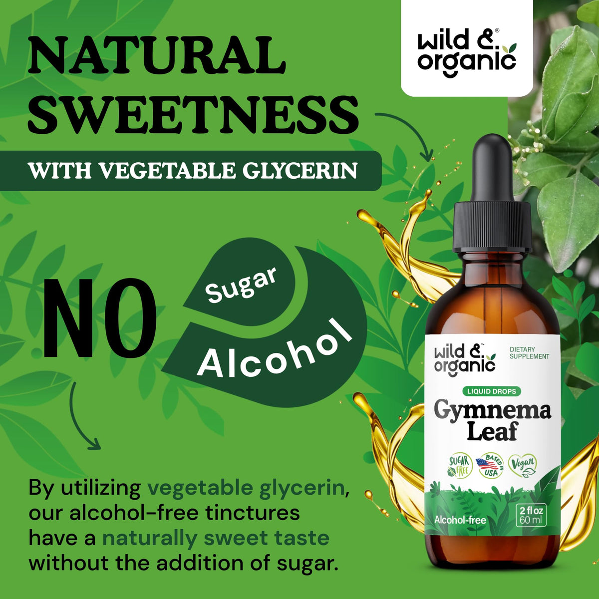 Gymnema Sylvestre leaf extract tincture showing vegetable glycerin base details
