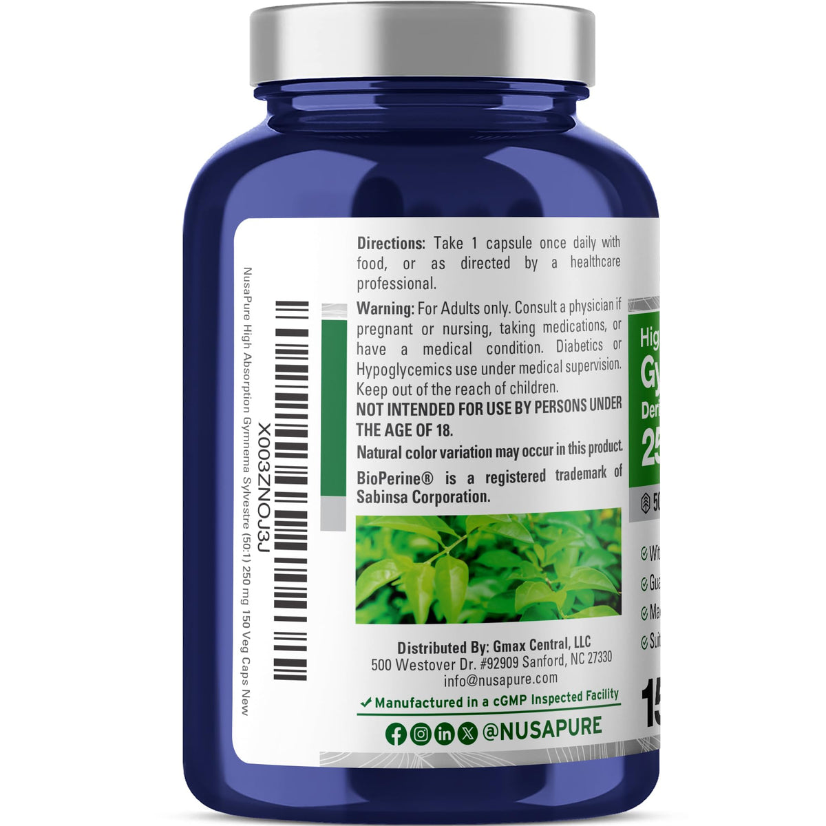 Authentic USA imported NusaPure Gymnema Sylvestre vegan capsules with BioPerine