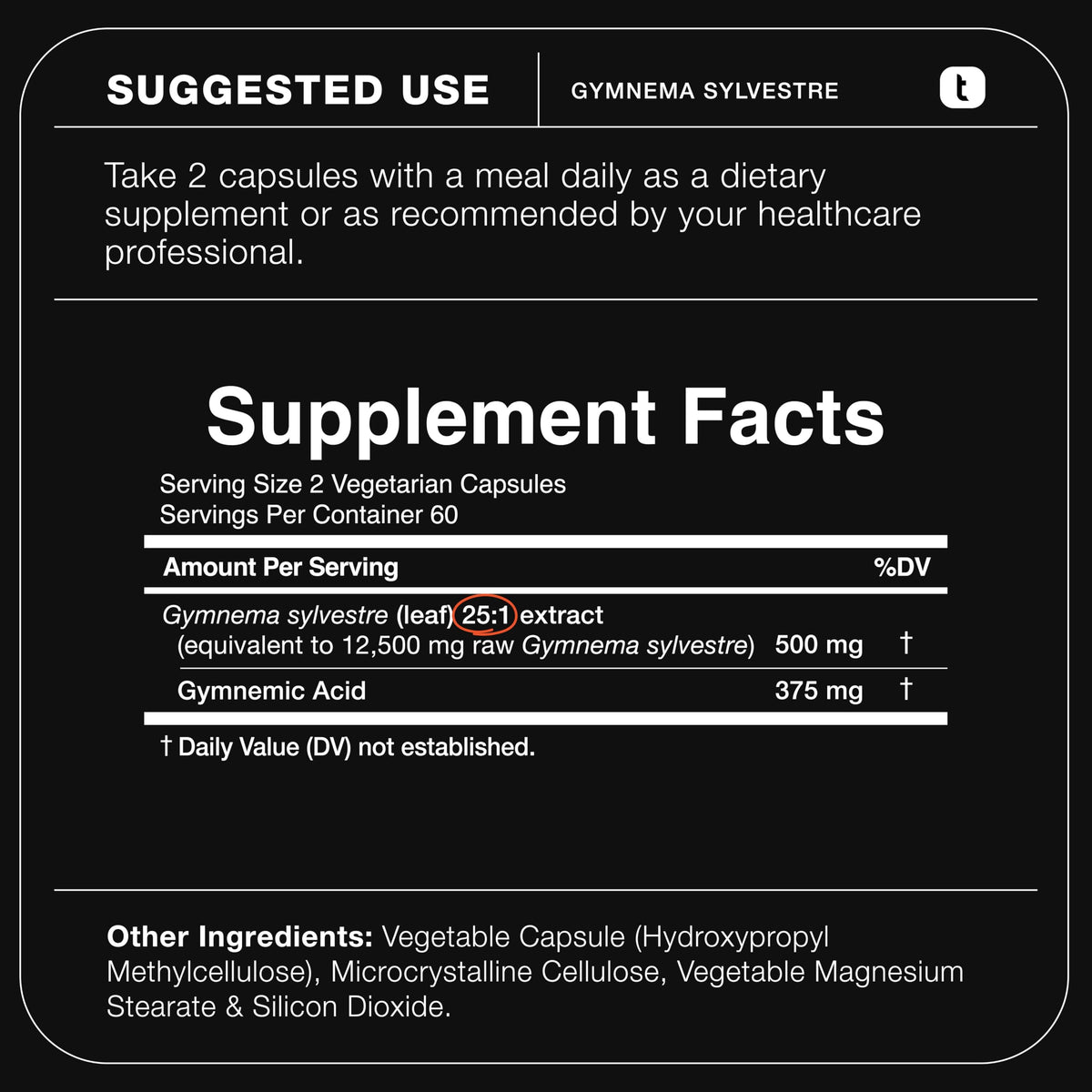 Side view of Toniiq Gymnema Sylvestre bottle showing non GMO labels