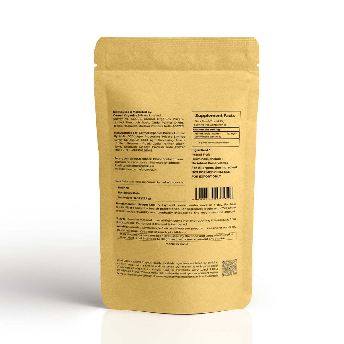 Carmel Organics Haritaki dietary supplement bag back label with ingredients and usage guidelines