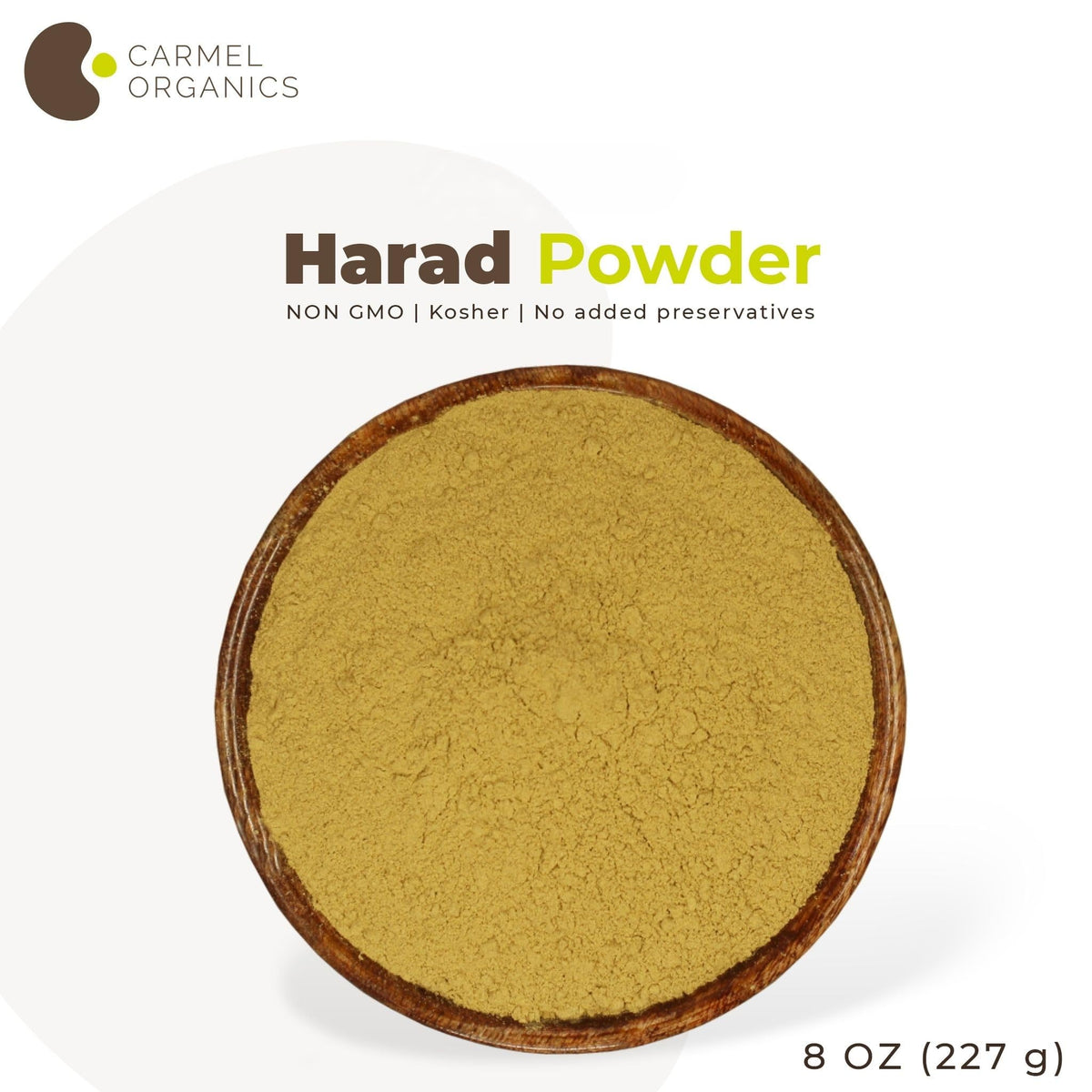 Carmel Organics Ayurvedic gut health powder bag displaying standard manufacturer batch details