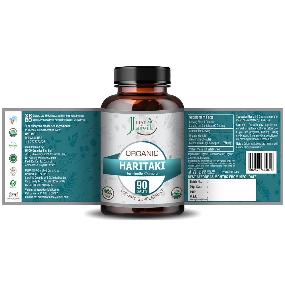 Authentic Just Jaivik Terminalia Chebula detoxification tablets close up view