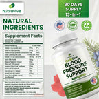 Premium heart health formula with hibiscus and olive leaf ingredients list display.