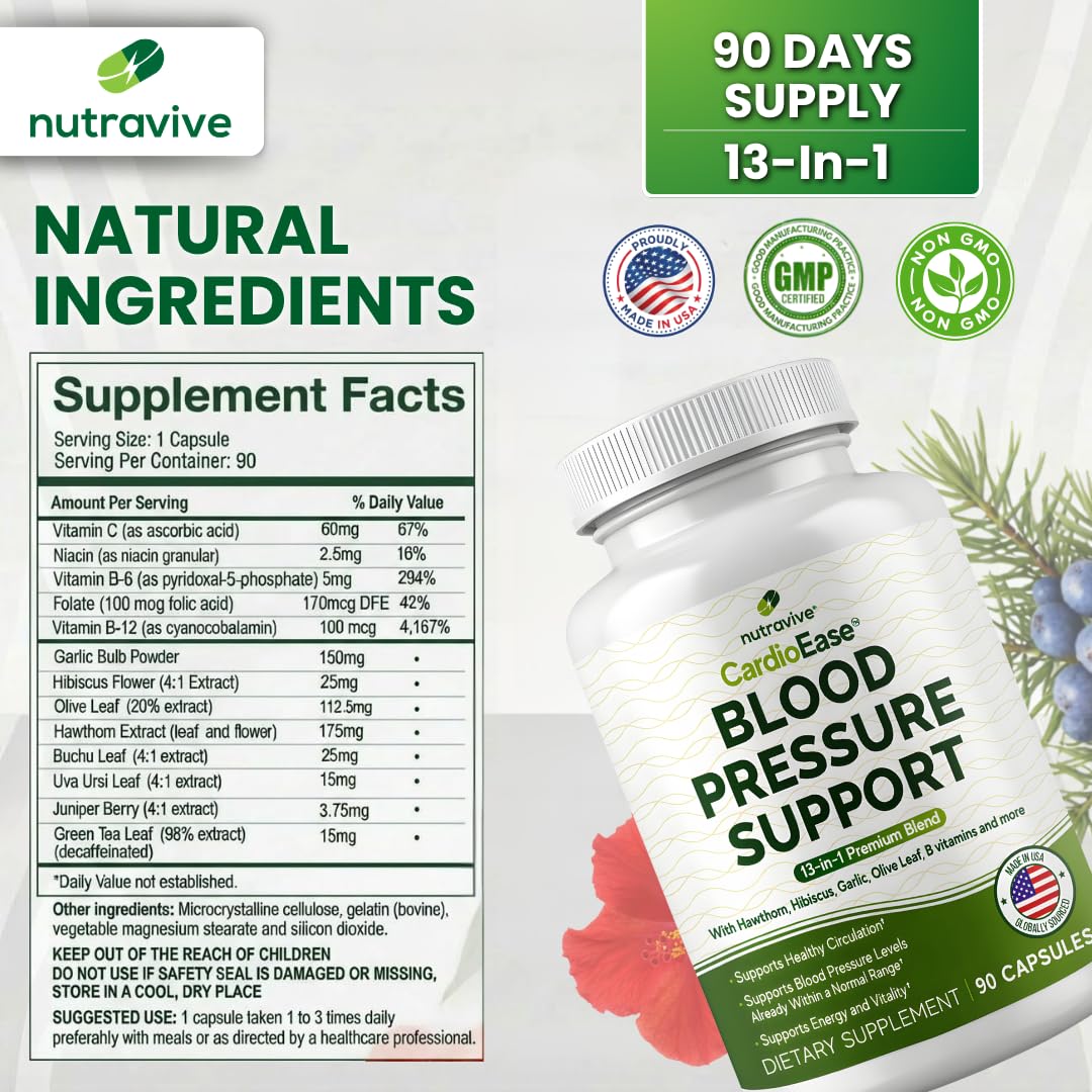 Premium heart health formula with hibiscus and olive leaf ingredients list display.