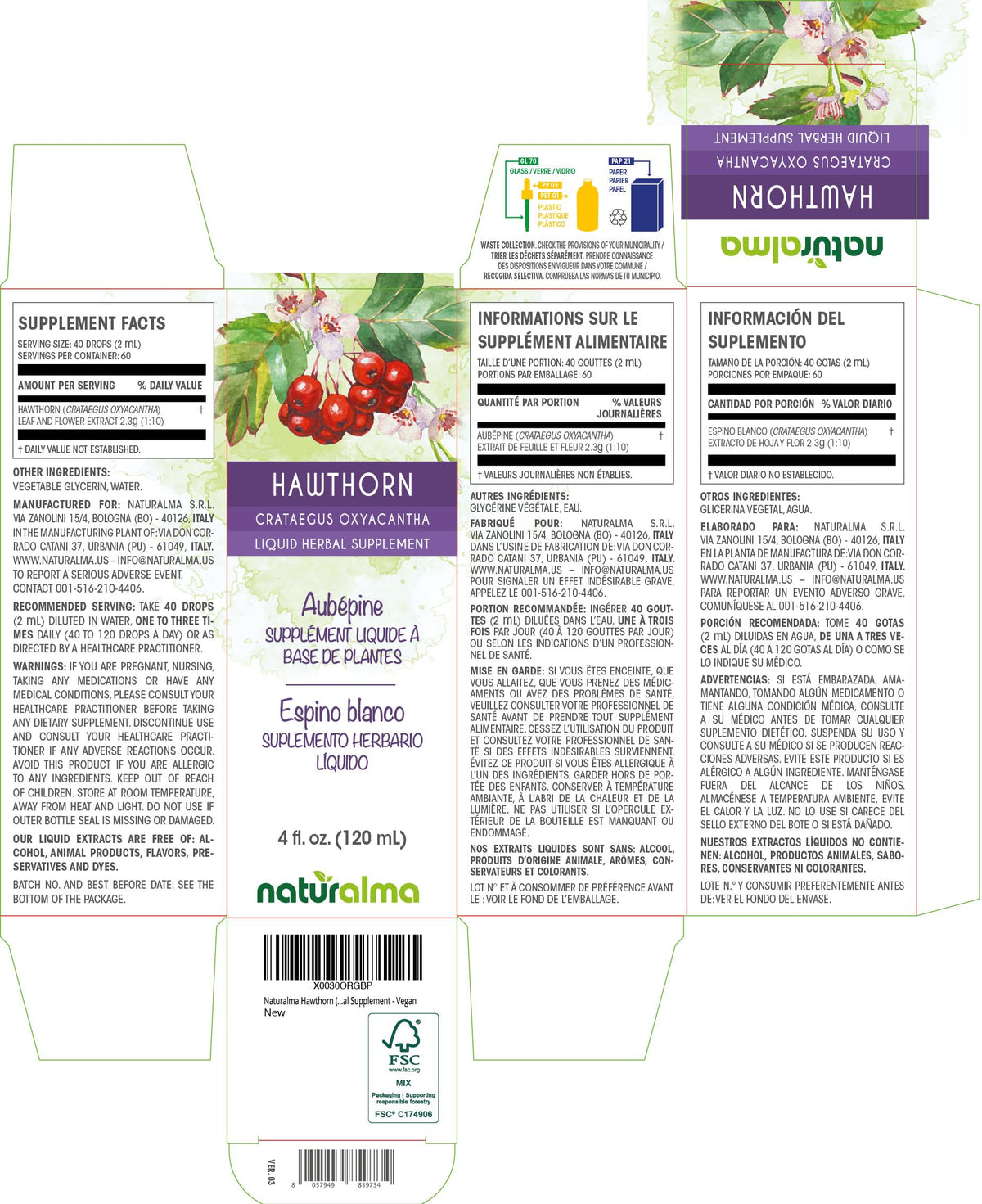 Naturalma Hawthorn vegan liquid herbal supplement dropper bottle showing ingredient facts label