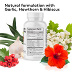 Premium herbal blend blood pressure support capsules featuring hawthorn berry and hibiscus powder details