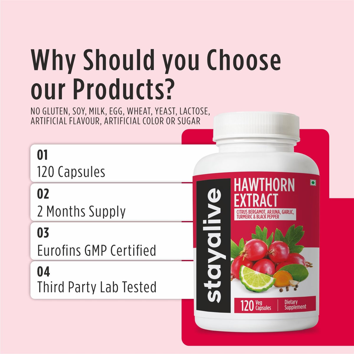 Stay Alive heart health capsules showing detailed serving size instructions and daily usage facts.