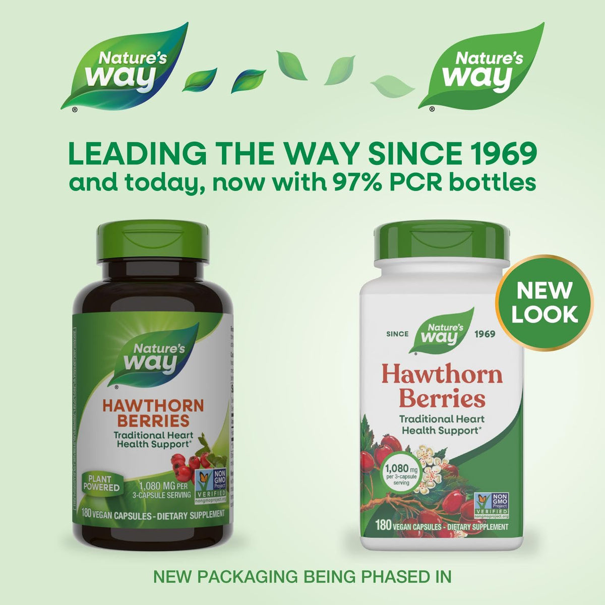 Side profile of Nature's Way Hawthorn Berries bottle showcasing Non-GMO Project Verified seal