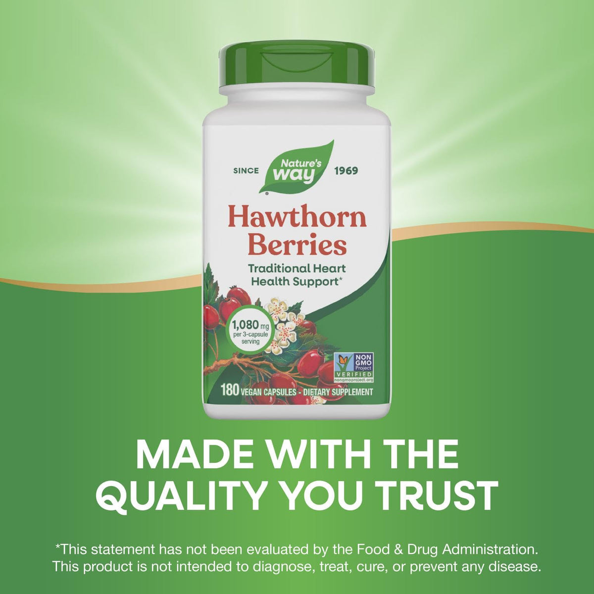 Back packaging of Nature's Way Hawthorn fruit capsules showing usage directions and dietary exclusions