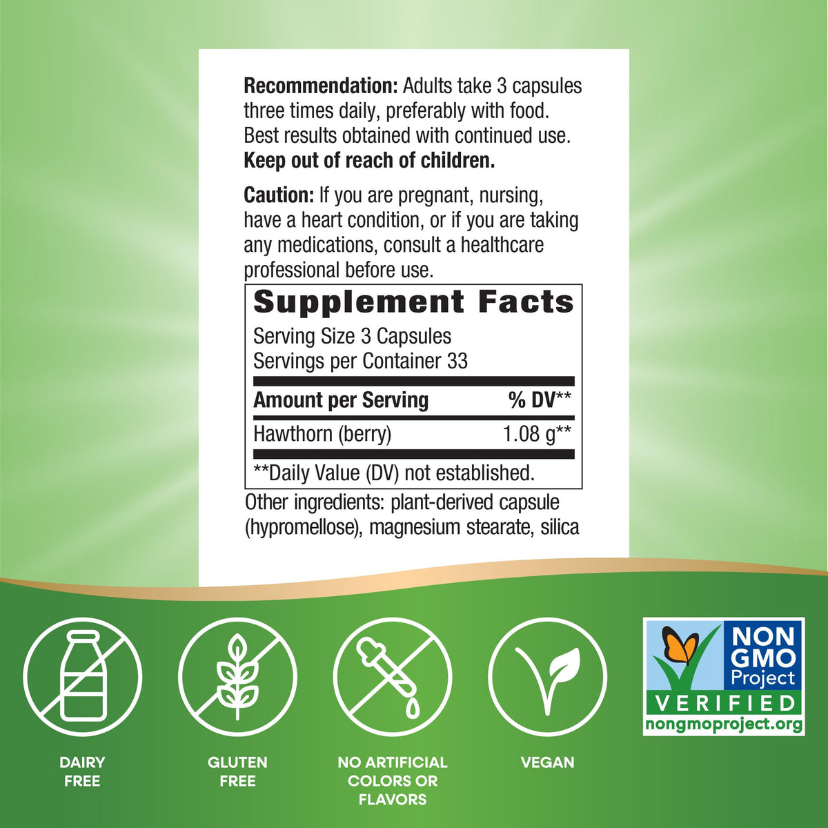 Close-up of the Non-GMO Project Verified and Tru-ID certified seals on the bottle.