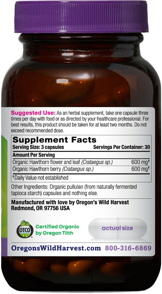 Supplement facts label on Oregon's Wild Harvest organic hawthorn herbal support bottle