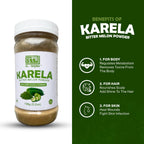 Side angle of Al-Taqwa non-GMO gluten-free Karela powder bottle detailing dietary certifications and nutritional value.
