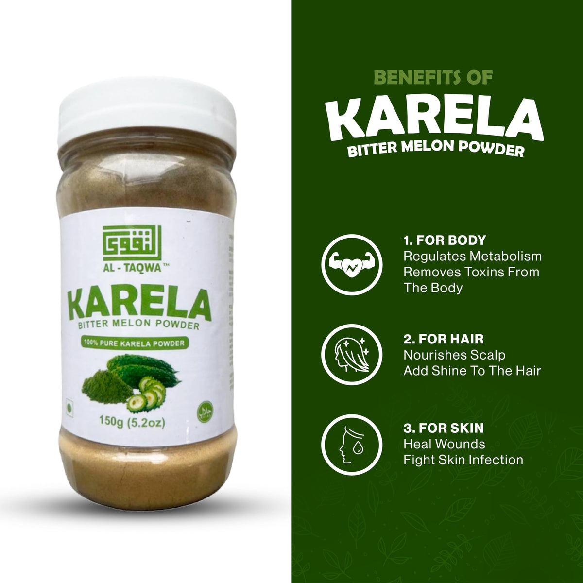 Side angle of Al-Taqwa non-GMO gluten-free Karela powder bottle detailing dietary certifications and nutritional value.