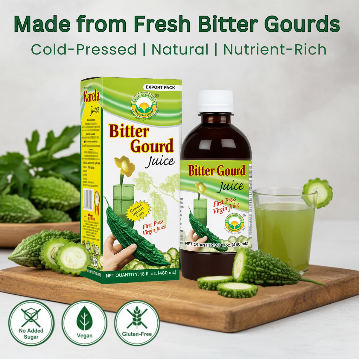 Basic Ayurveda Karela Juice 32.46 fluid ounce packaging showing nutritional facts label
