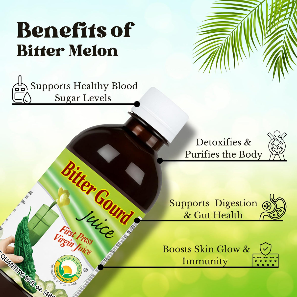 Side view of plant based herbal bitter melon drink bottle by Basic Ayurveda