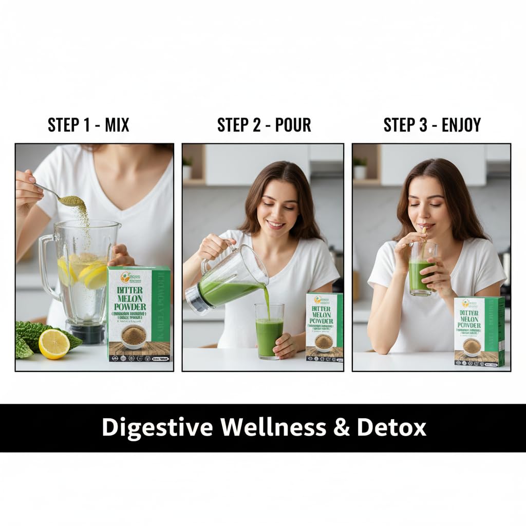Herbs Botanica Karela herbal powder dietary supplement in lifestyle setting.