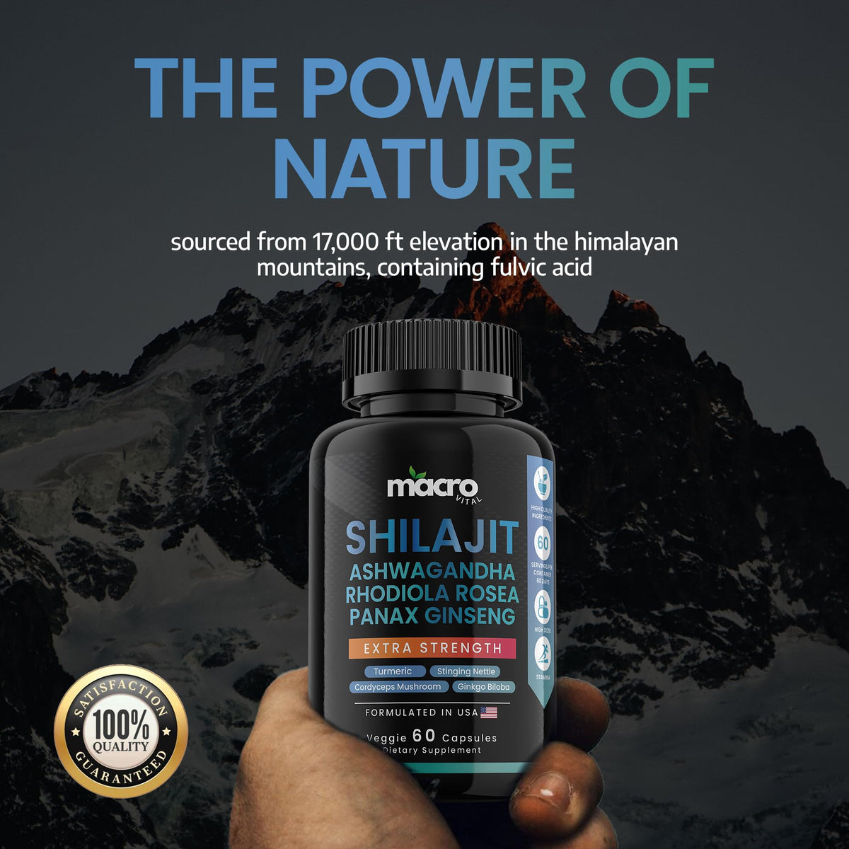 Macro Vital Shilajit and Panax Ginseng complex capsules showcasing the premium 8 in 1 blend for stress relief.