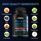 Macro Vital 8 in 1 adaptogen complex capsules highlighting rhodiola rosea and panax ginseng for focus.