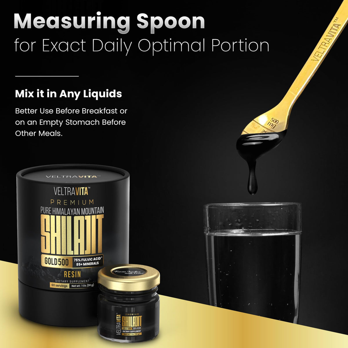 Dissolving pure VeltraVita shilajit resin into a warm cup of water