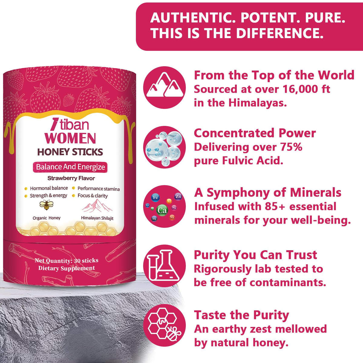 Himalayan shilajit supplement with strawberry flavor ingredients panel display