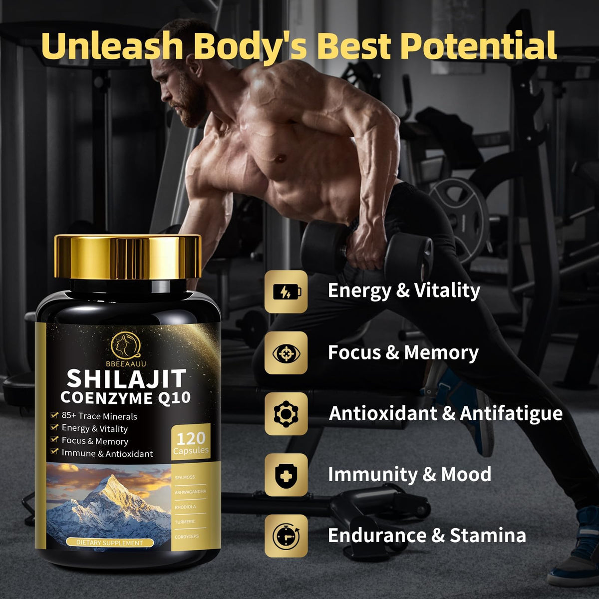 BBEEAAUU multi-ingredient herbal wellness supplement bottle showing 12 in 1 formula details
