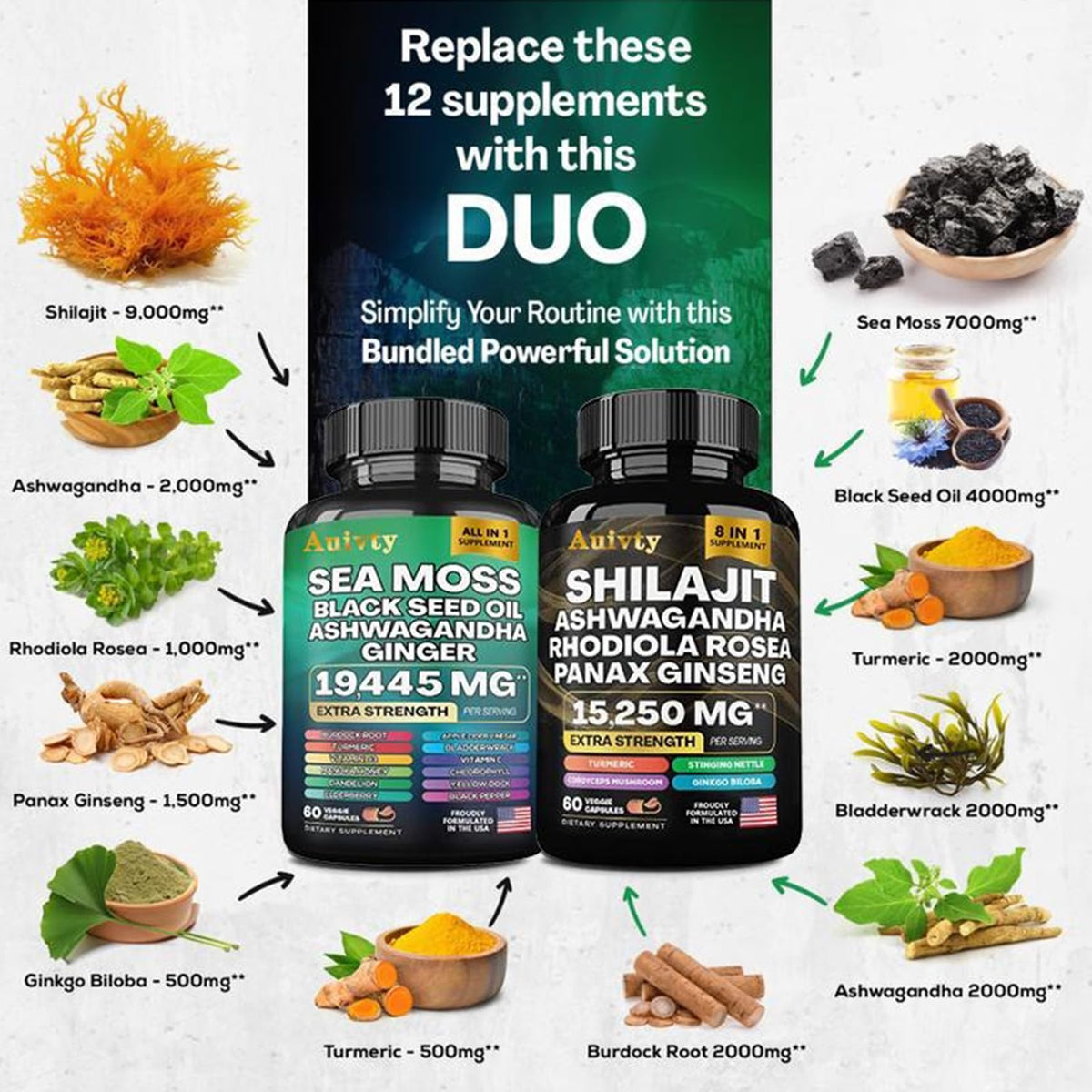 Auivty imported organic sea moss and ashwagandha complex daily health supplement bottle