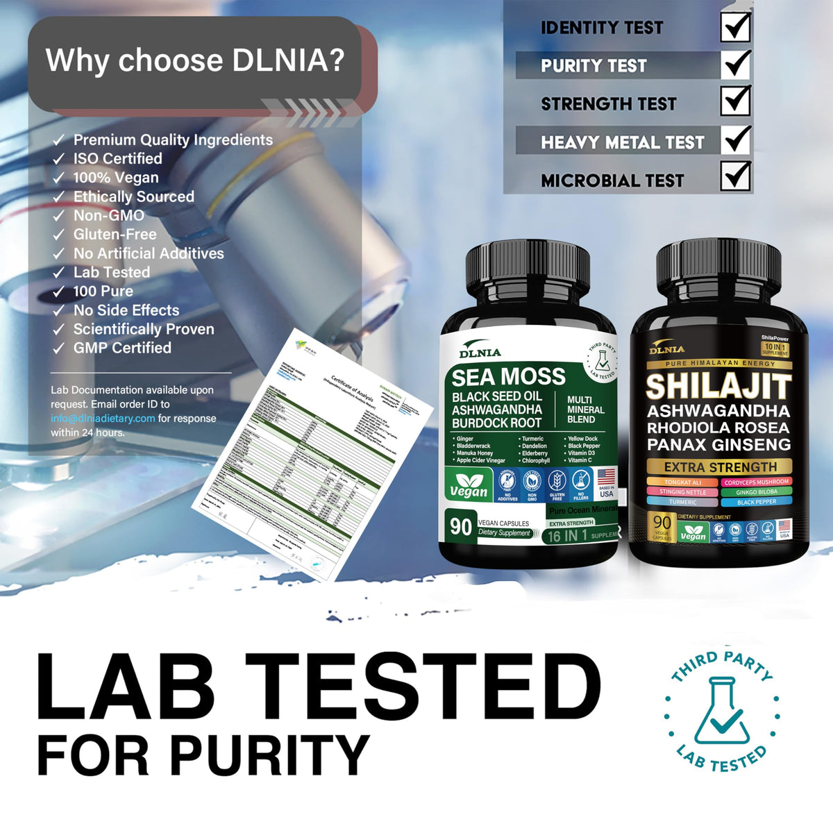Premium DLNIA dietary supplement with Himalayan shilajit and sea moss ingredients graphic