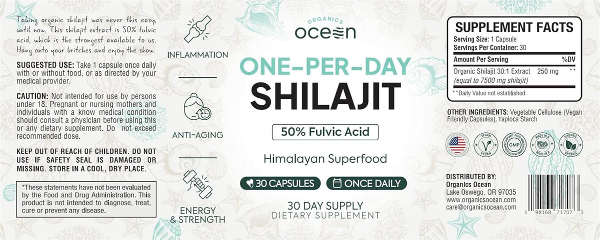 Organics Ocean Shilajit capsule bottle highlighting the fifty percent fulvic acid and hormone support benefits.