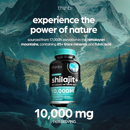 Artnaturals Thinbi Shilajit ninety vegan capsules packaging detailing fulvic acid and trace mineral nutritional facts.