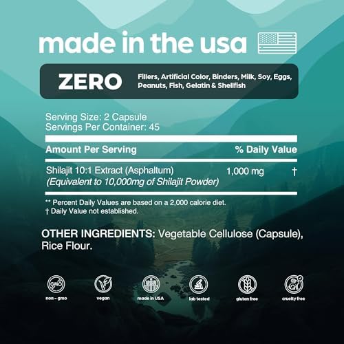 Artnaturals Thinbi authentic USA imported shilajit capsules showing non GMO and gluten free certifications.