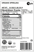 Organic spirulina powder bag displaying USDA organic and gluten free certification labels.